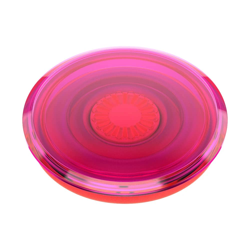  A side view of a PopSockets PopGrip in the Electric Sunrise design, showcasing the vibrant pink and orange colors. The translucent pink top sits above an orange base, with the central orange section featuring a radial design. The combination of colors creates a dynamic and eye-catching look.