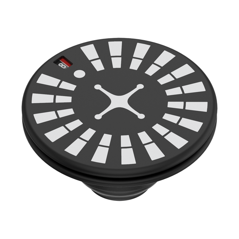 PopSockets Backspin Roulette grip, featuring a circular top with a black background and a pattern resembling a roulette wheel. The design includes white segments radiating from a central point with a small red "8" near the edge. The grip is collapsible and attaches to the back of a phone for improved handling and stability.