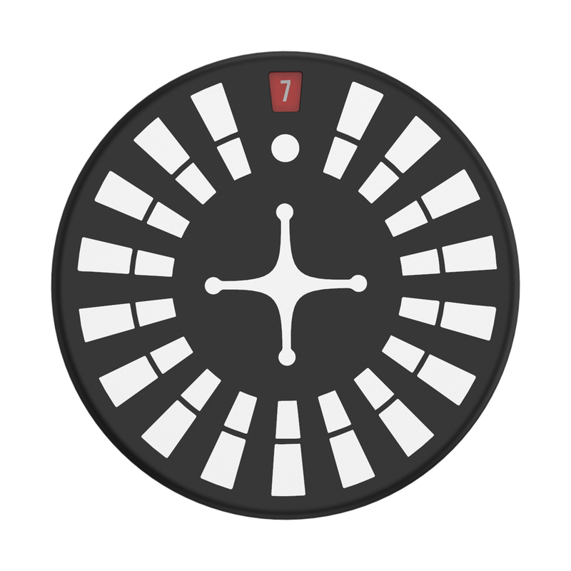 Close-up view of the PopSockets Backspin Roulette grip, featuring a black circular design with white segments arranged to resemble a roulette wheel. The design includes a small red segment marked with the number "7" near the edge. The center of the grip has a white cross-like shape.