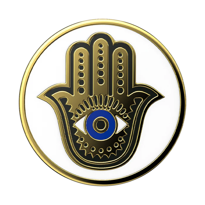  A circular design featuring a Hamsa hand with intricate patterns in gold and black on a white background. The hand has an eye at its center, with a blue iris, framed by stylized decorative elements. The outer edge of the circle is lined with a thin gold border.