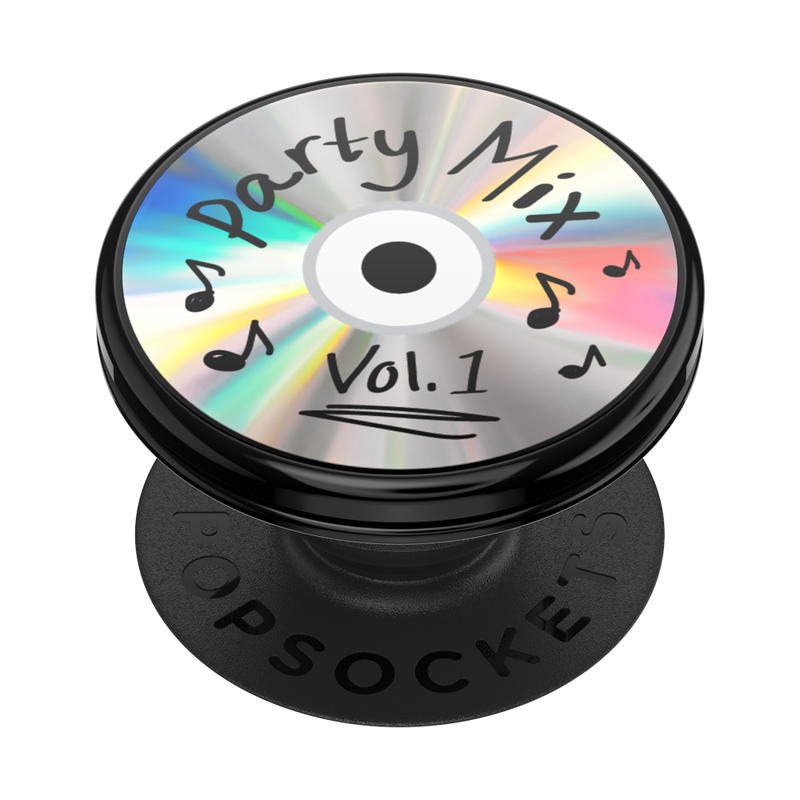 PopSockets PopGrip Backspin featuring a design of a CD labeled "Party Mix Vol. 1." The CD has a shiny, iridescent surface with a handwritten style text and musical notes around the label. The base of the PopGrip is black with the word "POPSOCKETS" embossed on it.