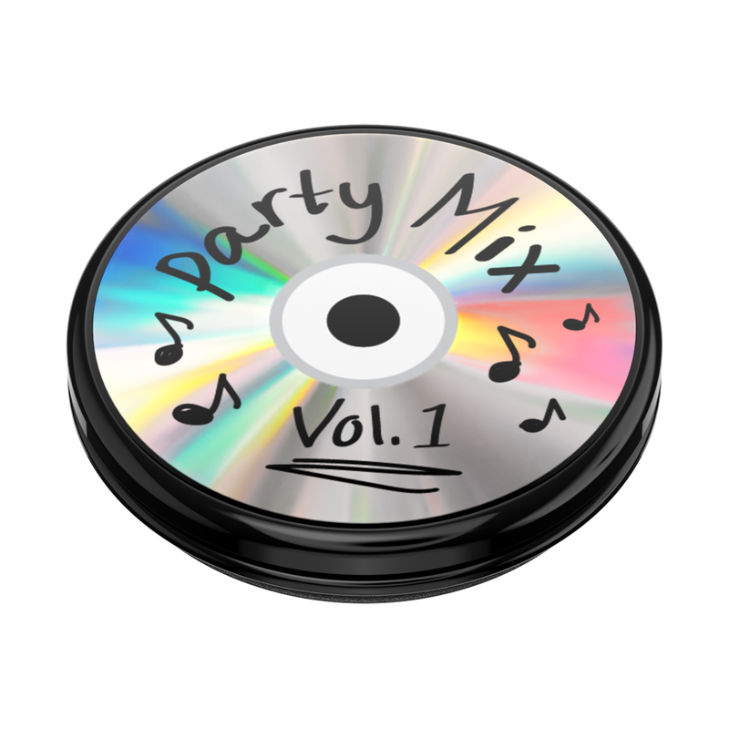 Angled view of a PopSockets PopGrip Backspin featuring a design of a CD labeled "Party Mix Vol. 1." The CD has a shiny, iridescent surface with handwritten-style text and musical notes around the label. The CD's holographic effect reflects various colors, creating a vibrant and playful appearance. The PopGrip base is black.