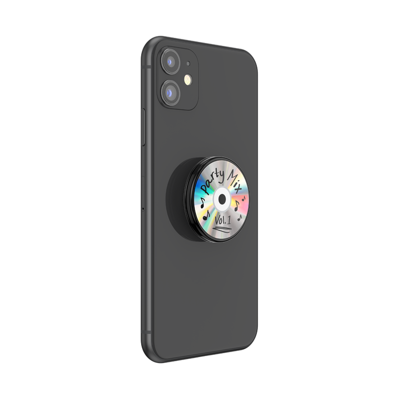 Black smartphone with a PopSockets PopGrip Backspin attached to the back. The PopGrip features a design of a CD labeled "Party Mix Vol. 1" with a shiny, iridescent surface and handwritten-style text and musical notes around the label. The phone is shown from the back at a slight angle, highlighting the PopGrip.