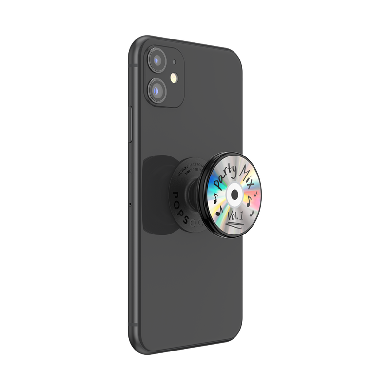 Black smartphone with a PopSockets PopGrip Backspin attached to the back. The PopGrip features a design of a CD labeled "Party Mix Vol. 1" with a shiny, iridescent surface and handwritten-style text and musical notes around the label. The phone is shown from the back at a slight angle, with the PopGrip extended outward, highlighting the holographic effect of the CD design.