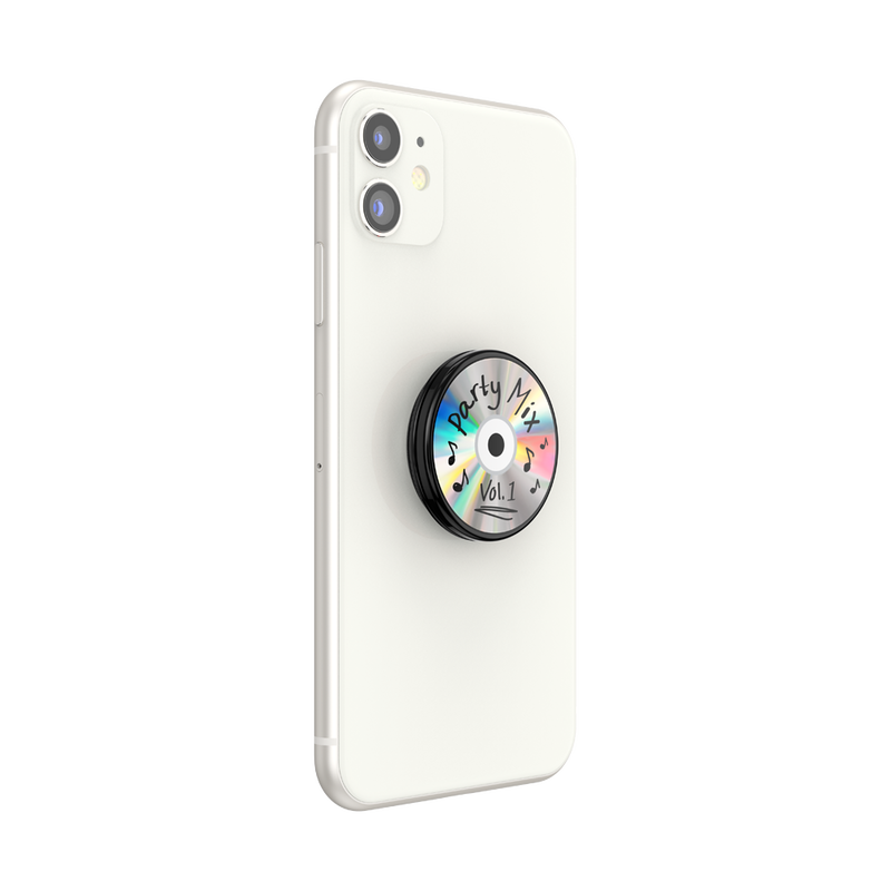 White smartphone with a PopSockets PopGrip Backspin attached to the back. The PopGrip features a design of a CD labeled "Party Mix Vol. 1" with a shiny, iridescent surface and handwritten-style text and musical notes around the label. The phone is shown from the back at a slight angle, highlighting the PopGrip.