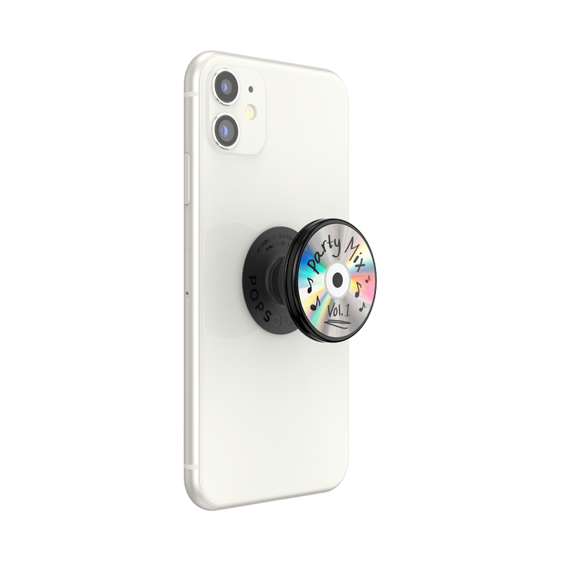 White smartphone with a PopSockets PopGrip Backspin attached to the back. The PopGrip features a design of a CD labeled "Party Mix Vol. 1" with a shiny, iridescent surface and handwritten-style text and musical notes around the label. The phone is shown from the back at a slight angle, with the PopGrip extended outward, highlighting the holographic effect of the CD design.