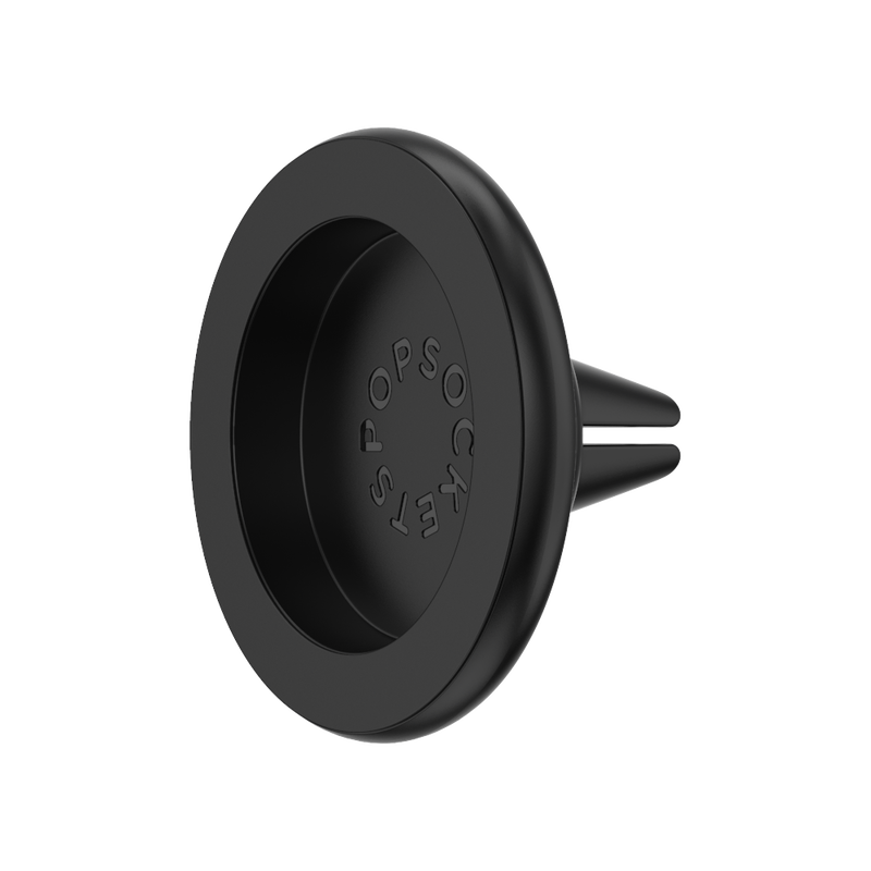  A Black MagSafe Car Vent PopMount 2 is shown against a plain background. The mount features a circular design with the PopSockets logo embossed on the inner surface. It has a black finish and is equipped with two prongs for secure attachment to a car's air vent. The mount is designed to hold a MagSafe-compatible device, providing a stable and adjustable platform for hands-free use while driving.