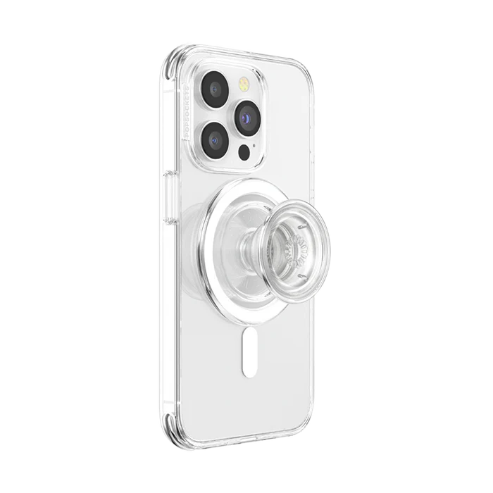 A smartphone with a clear case is shown with an extended PopSockets Clear PopGrip for MagSafe attached to its back. The PopGrip features a round, transparent surface with a clear base and extendable grip, positioned centrally on the phone's back. The phone's camera lenses are visible at the top, highlighting the PopGrip's sleek and modern design, which complements the phone's aesthetics while providing a practical grip for easier handling.