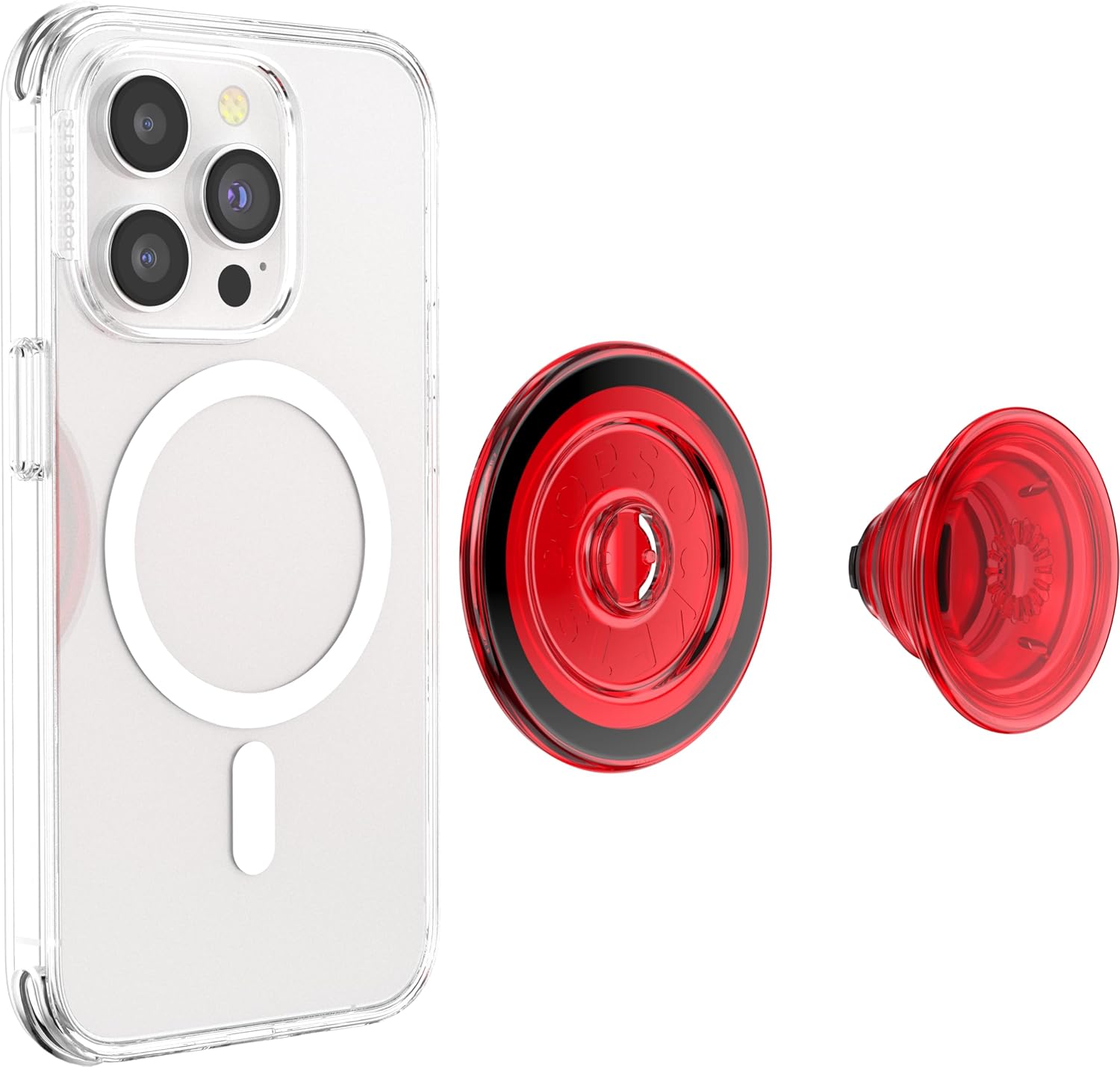 A smartphone with a clear case and a detachable red PopSocket grip with black accents. The grip is shown in two parts – the base and the expanded grip, highlighting its versatility for easy attachment, secure handling, and stand functionality.