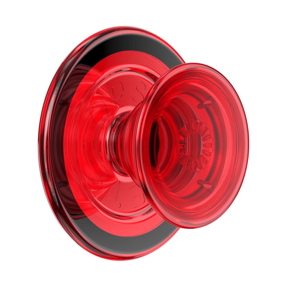 A bold red PopSocket grip with a glossy finish, featuring a black circular accent on the base, designed for secure smartphone handling and versatile stand functionality.