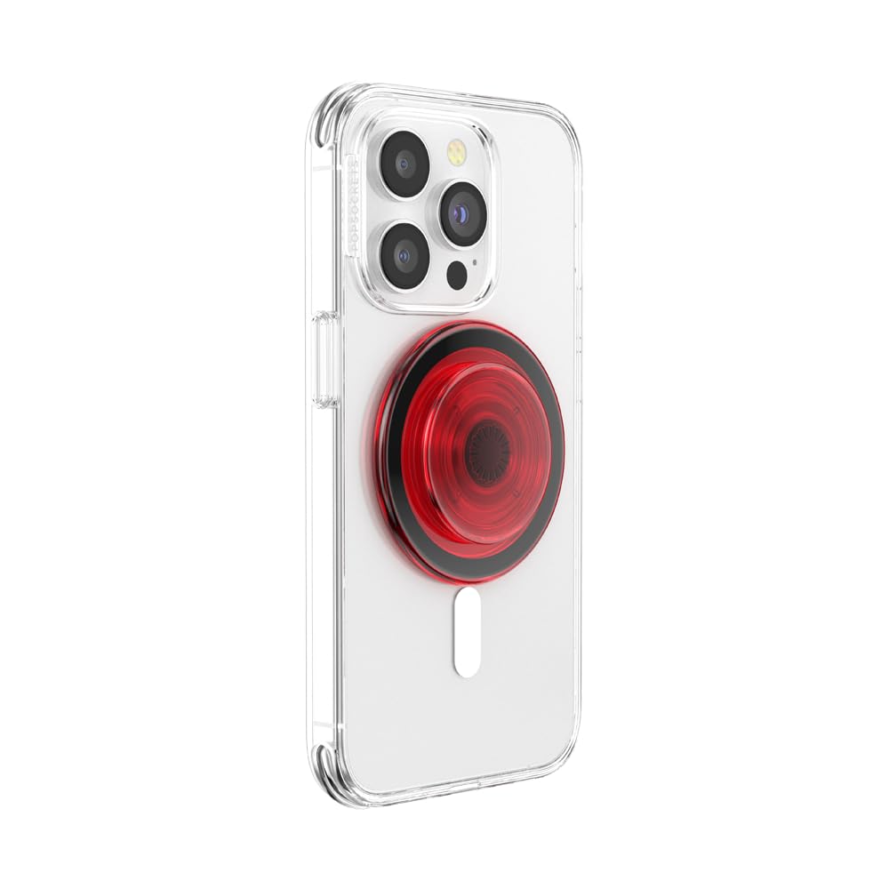 A clear smartphone case featuring a bold red PopSocket with a concentric circular design, combining style and practicality for enhanced grip and stand capabilities.