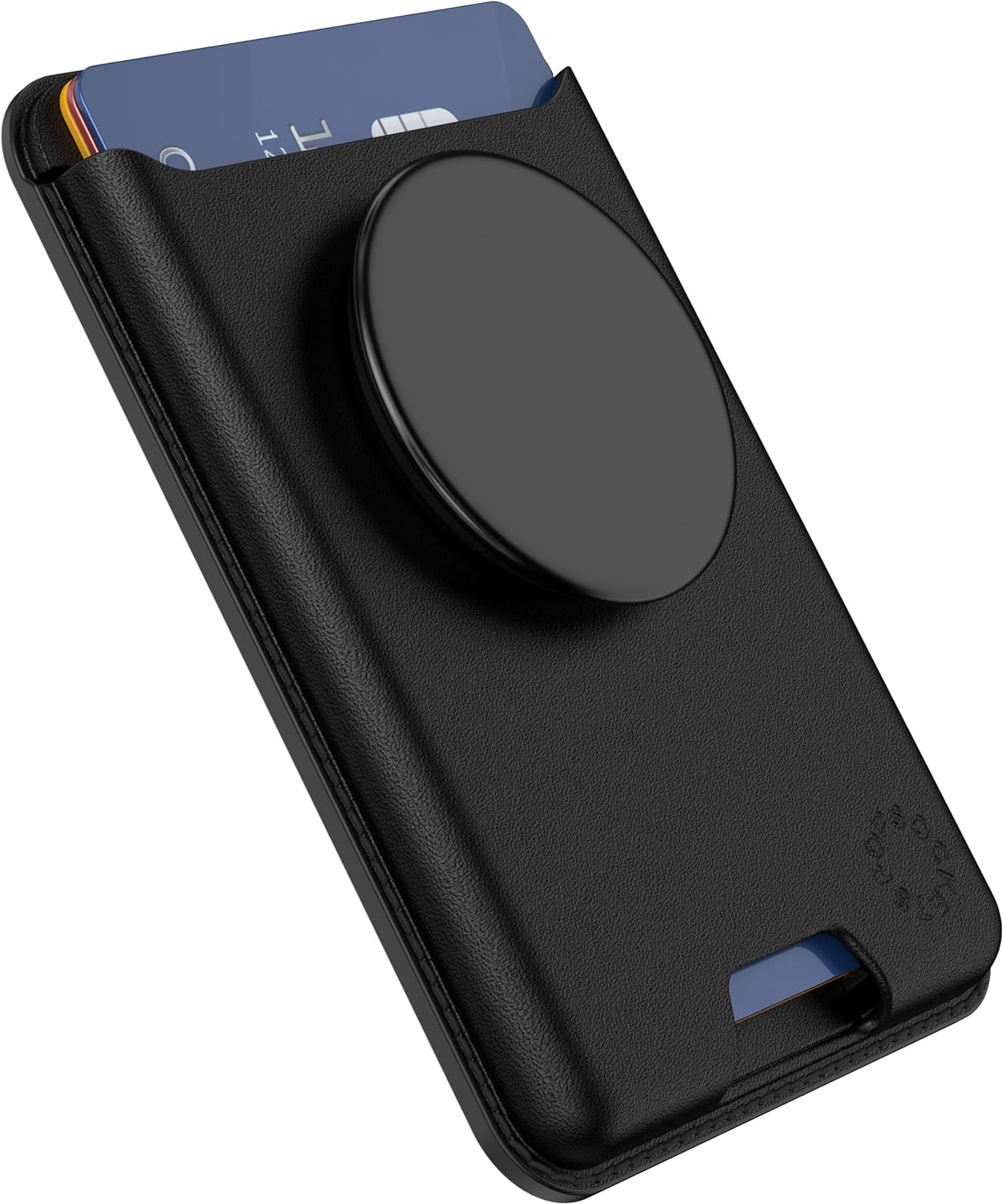 A black PopSockets Softgoods Phone Wallet with an expanding grip and adapter ring for MagSafe, holding a blue card. The expanding grip is in its retracted position, and the wallet is viewed from an angle showing both the front and a bit of the side.