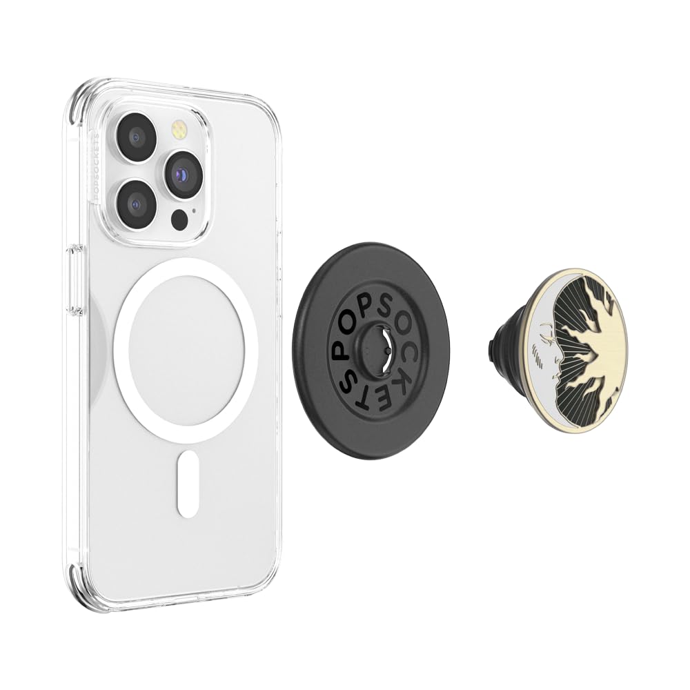 The image displays a **clear phone case with a magnetic MagSafe ring**, a **detachable black PopSocket base**, and a **celestial-themed PopSocket grip**. The grip features an elegant sun and moon design in black and gold. This setup allows users to attach the grip magnetically, enhancing phone usability, grip, and style.