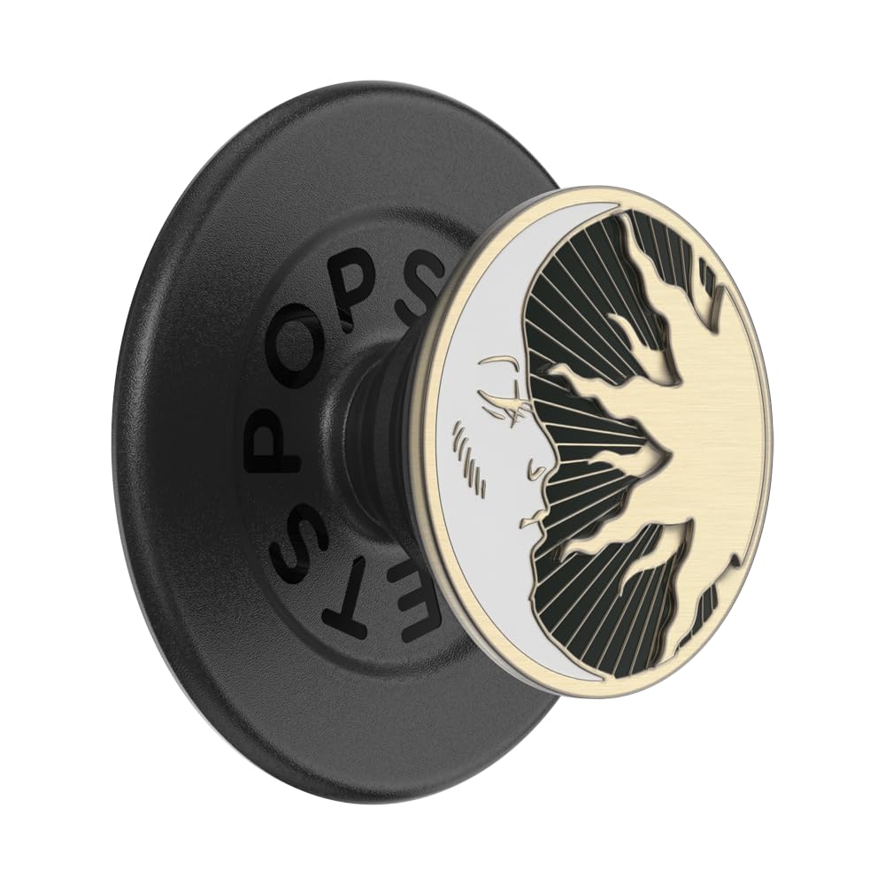 The image shows a **PopSocket** featuring a black and gold design with a **sun and moon motif**. The sun's rays elegantly stretch across the face of the moon, giving it a celestial and artistic appearance. The base is black, and the circular top showcases the intricate pattern. This accessory is designed for **gripping and holding phones securely** while adding style.