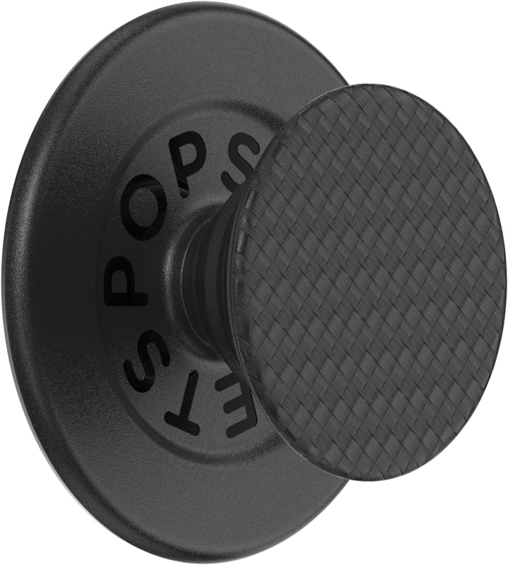 Close-up of a black PopSocket grip with a textured circular surface and "PopSockets" branding, designed for secure phone handling and versatile stand functionality with a sleek, minimalist look.