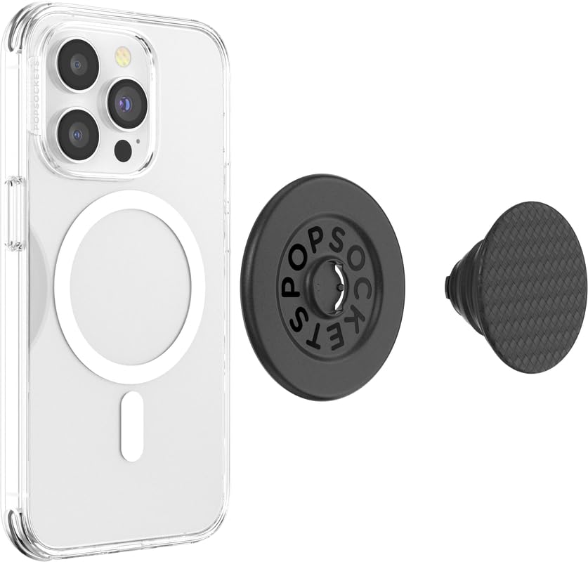 A clear smartphone case with a MagSafe-compatible ring shown alongside a detachable black PopSocket grip base and textured circular top, highlighting its modular design for customizable style and functionality.