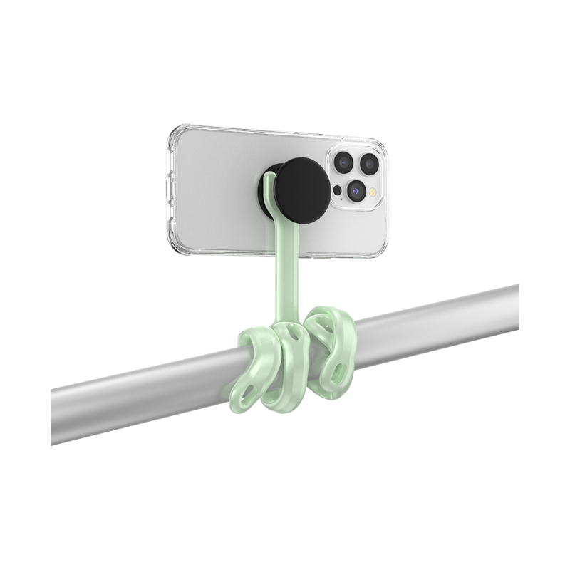 PopSockets Flex Mount in Honey Dew color holding a smartphone in a clear case with a black PopGrip attached to the back. The mount's flexible legs are wrapped around a horizontal metal bar, securing the smartphone in a horizontal position. The phone is shown from the back, highlighting the PopGrip and the mint-green colored flexible mount's secure attachment