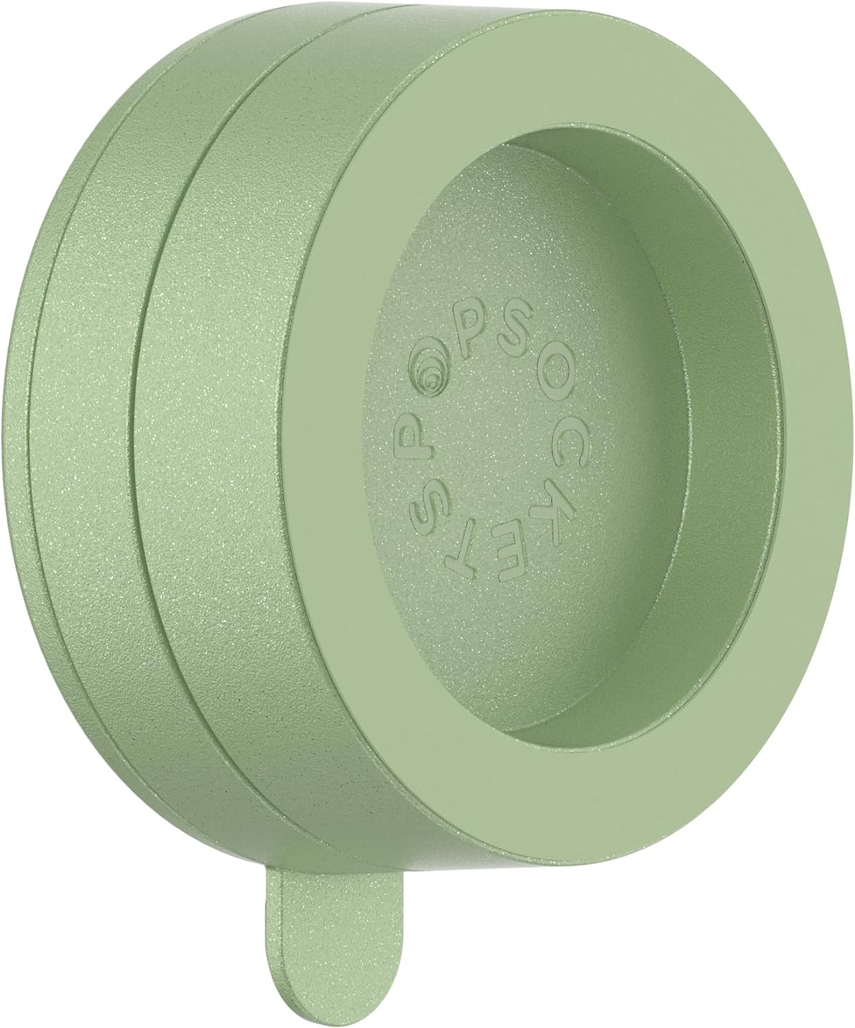  A PopSockets Suction Mount for MagSafe in eucalyptus green is shown against a plain background. The mount has a circular design with the PopSockets logo embossed on the inner surface. A small tab extends from the bottom, likely for easy removal or adjustment. The soft eucalyptus green color gives the mount a fresh and modern look.