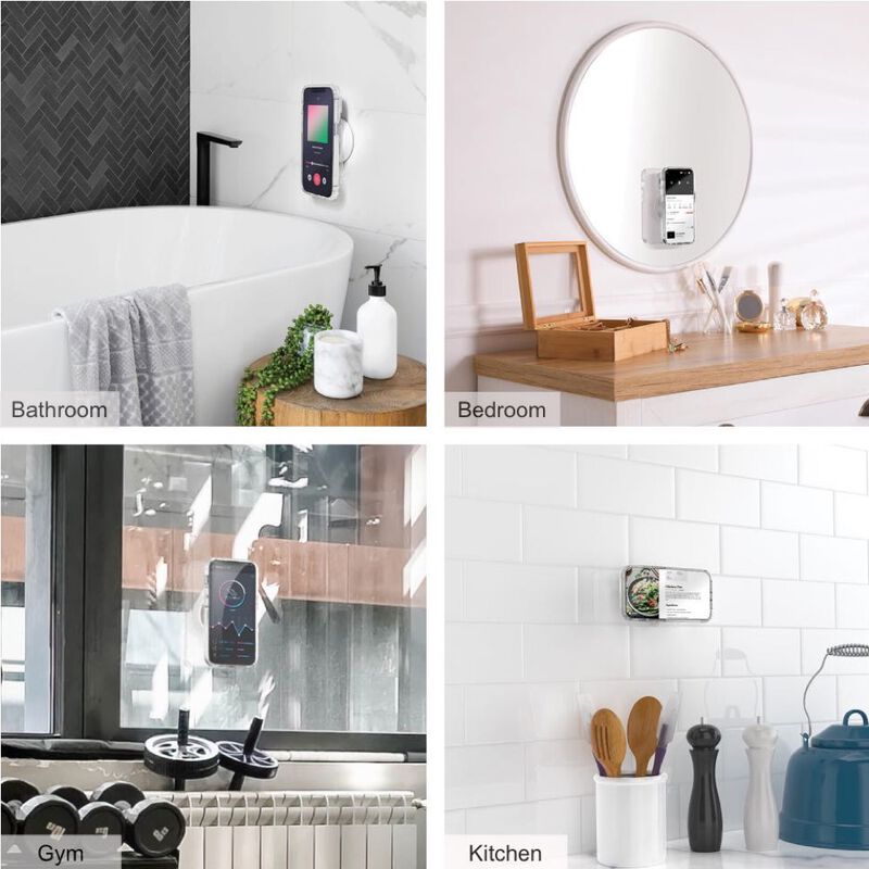 A collage of four images showing the PopSockets Suction Mount for MagSafe in Horchata color being used in various settings:  Bathroom: The mount is attached to a tiled wall near a bathtub, holding a smartphone. Bedroom: The mount is attached to a mirror, holding a smartphone. Window: The mount is attached to a window, holding a smartphone with a view of an outdoor scene. Kitchen: The mount is attached to a kitchen backsplash, holding a smartphone displaying a recipe.