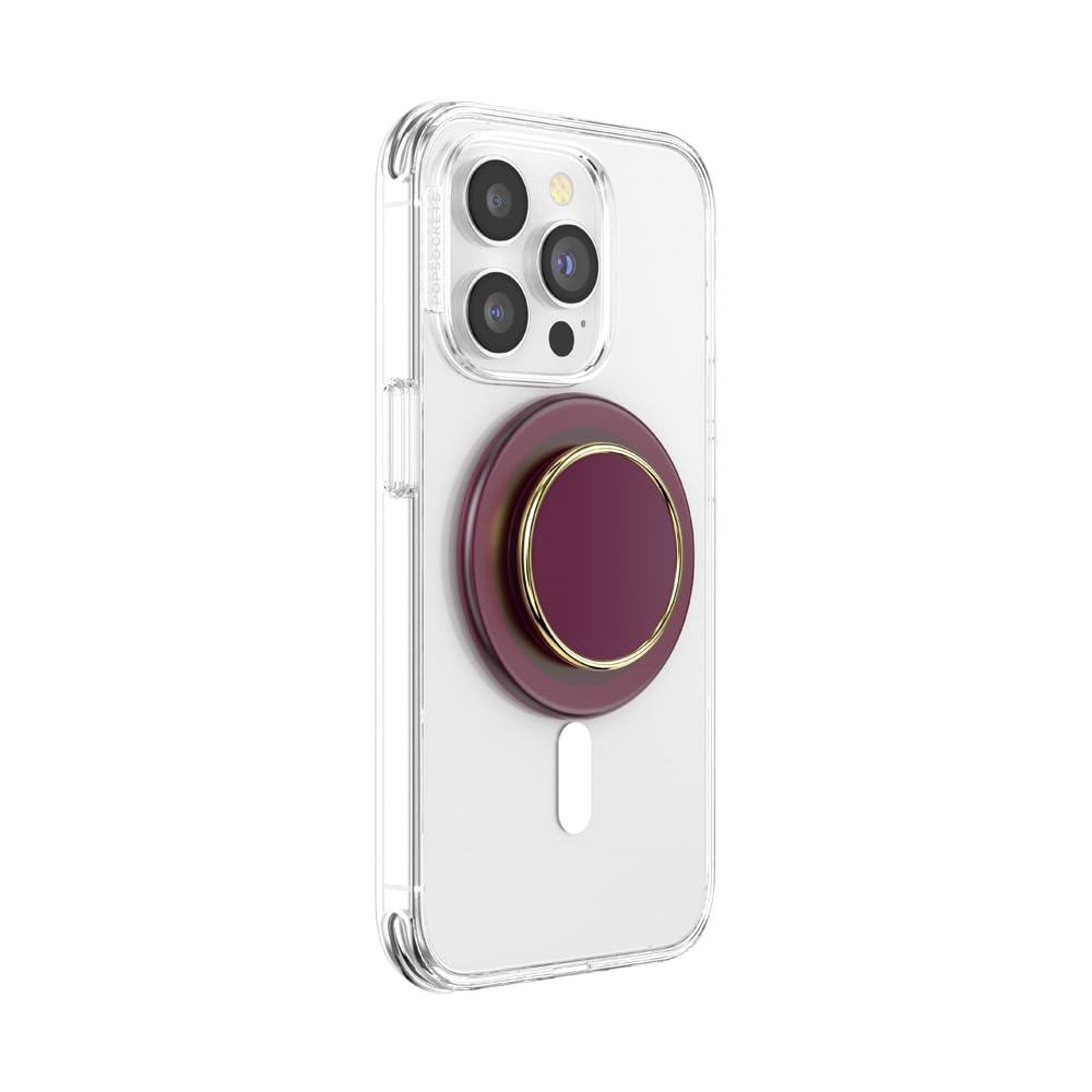 A smartphone with a clear case featuring a maroon PopSocket grip with a glossy circular top and a gold metallic rim, providing a stylish and functional accessory for secure handling and stand capabilities.