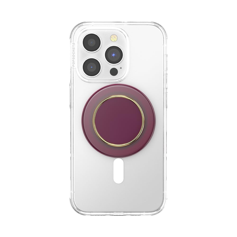 A smartphone with a clear case featuring a maroon PopSocket grip with a glossy circular top and a gold metallic rim, blending elegance and functionality for secure handling and stylish design.