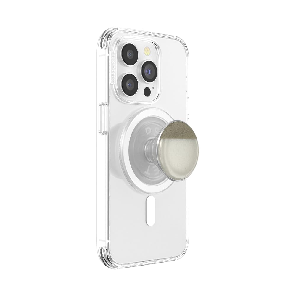 A transparent smartphone case with a stylish, two-tone PopSocket featuring a metallic silver rim and a cream-colored top. This design combines elegance with practicality, offering both a secure grip and a functional stand.