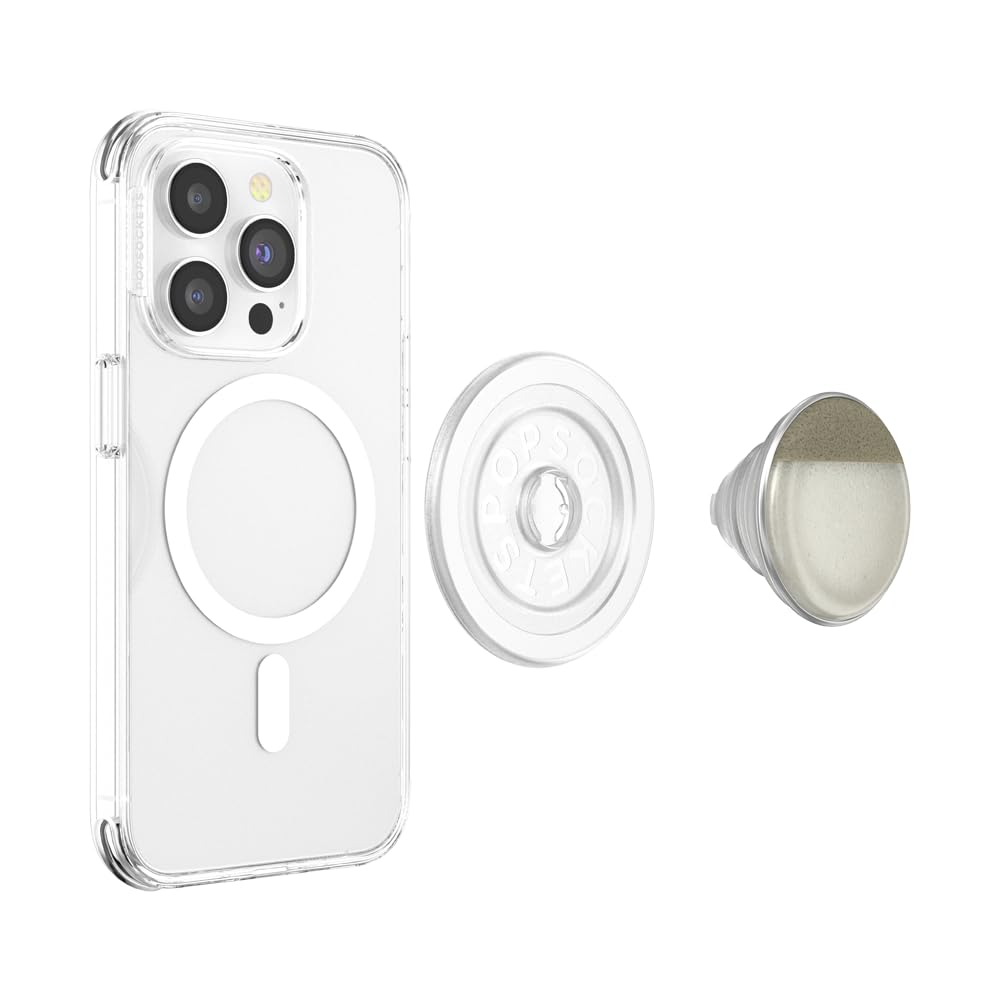 A clear smartphone case featuring a two-tone PopSocket grip with a metallic silver top and a cream-colored base. The grip is designed to offer a sleek, modern look with a subtle, neutral color scheme for both practicality and style.