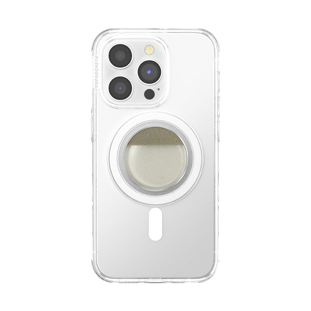 A clear smartphone case featuring a two-tone PopSocket grip, with a metallic silver rim and a cream-colored, translucent top part. The design offers a sleek, modern appearance with a soft, neutral color combination for both functionality and style.