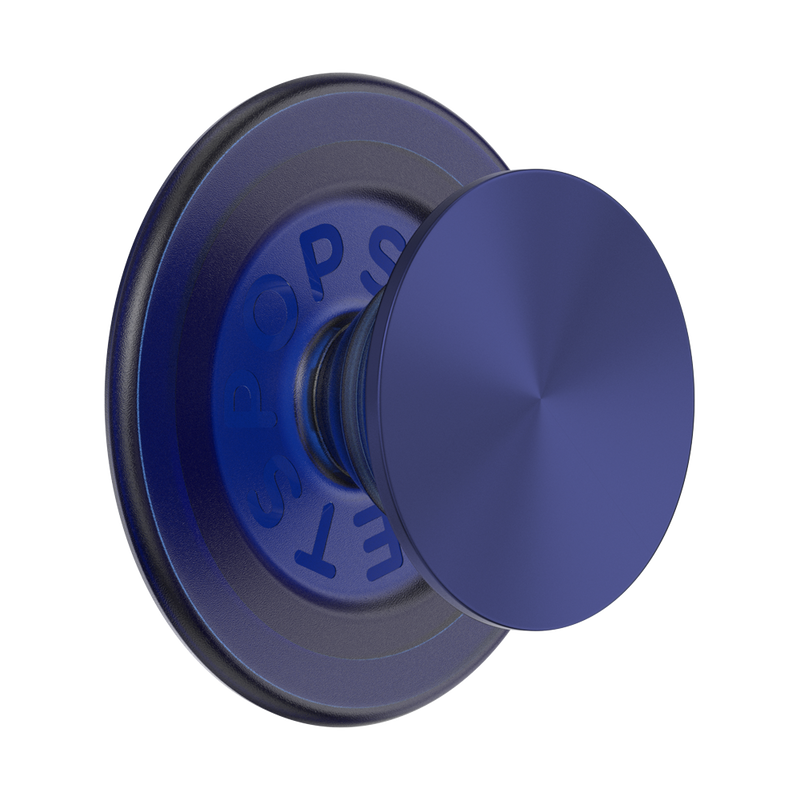 A French Navy PopGrip for MagSafe in navy color is shown against a plain background. The grip features a round, flat surface with a glossy finish and the PopSockets logo embossed on the inner ring. The rich navy blue color gives the PopGrip a sleek and modern appearance. The design allows for easy attachment and removal from a MagSafe-compatible device.