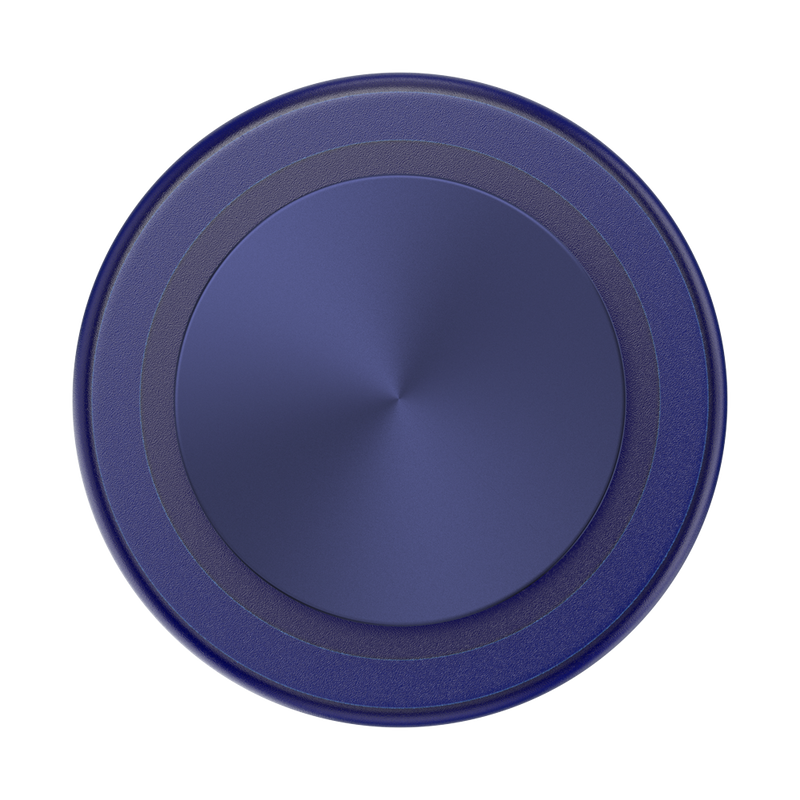 A close-up view of a French Navy PopGrip for MagSafe in navy color is shown. The grip features a round, flat surface with a glossy, slightly reflective finish. The rich navy blue color and the concentric circular design give the PopGrip a sleek and modern appearance, emphasizing its elegant and functional design.