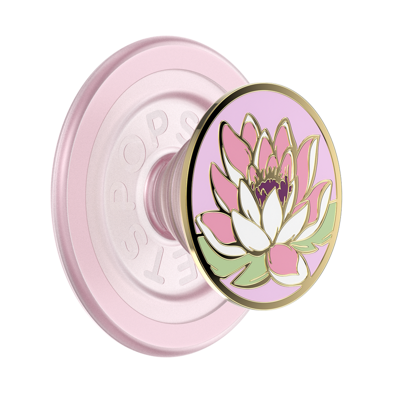 PopSockets Enamel Water Lily PopGrip for MagSafe featuring a pink water lily design with golden accents. Perfect for adding elegance and functionality to your MagSafe-compatible device.