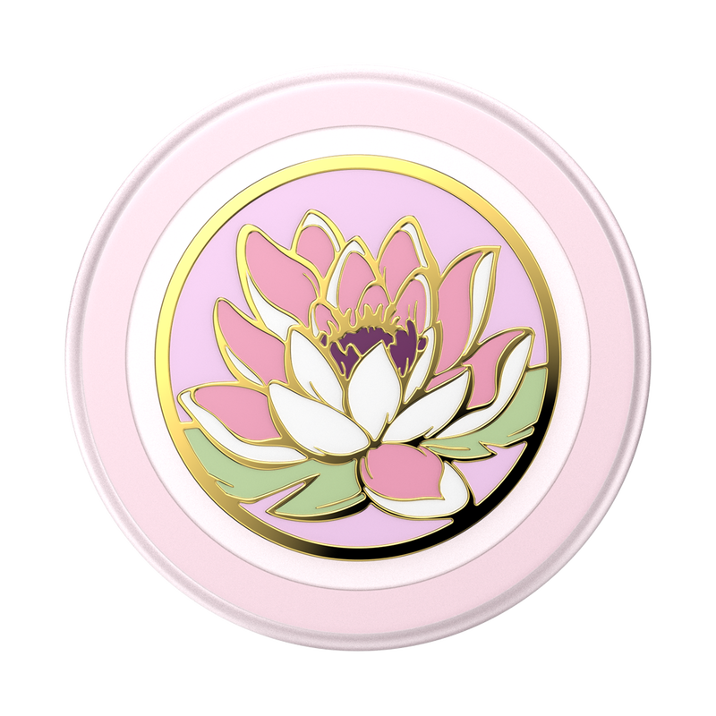 PopSockets Enamel Water Lily PopGrip for MagSafe featuring an intricate pink water lily design with golden accents, ideal for adding elegance and functionality to your MagSafe-compatible device.