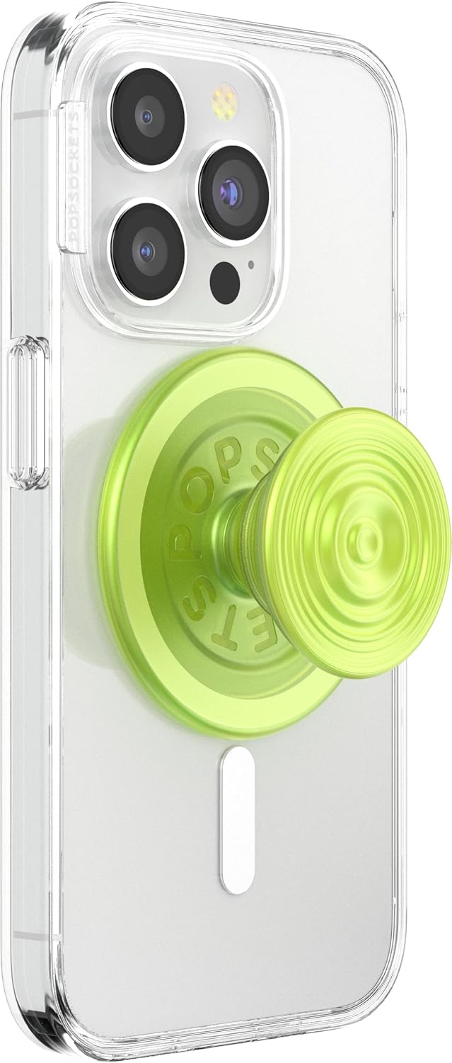 A clear smartphone case featuring a vibrant lime green PopSocket with a spiral design, extended outward for optimal grip and stand functionality.