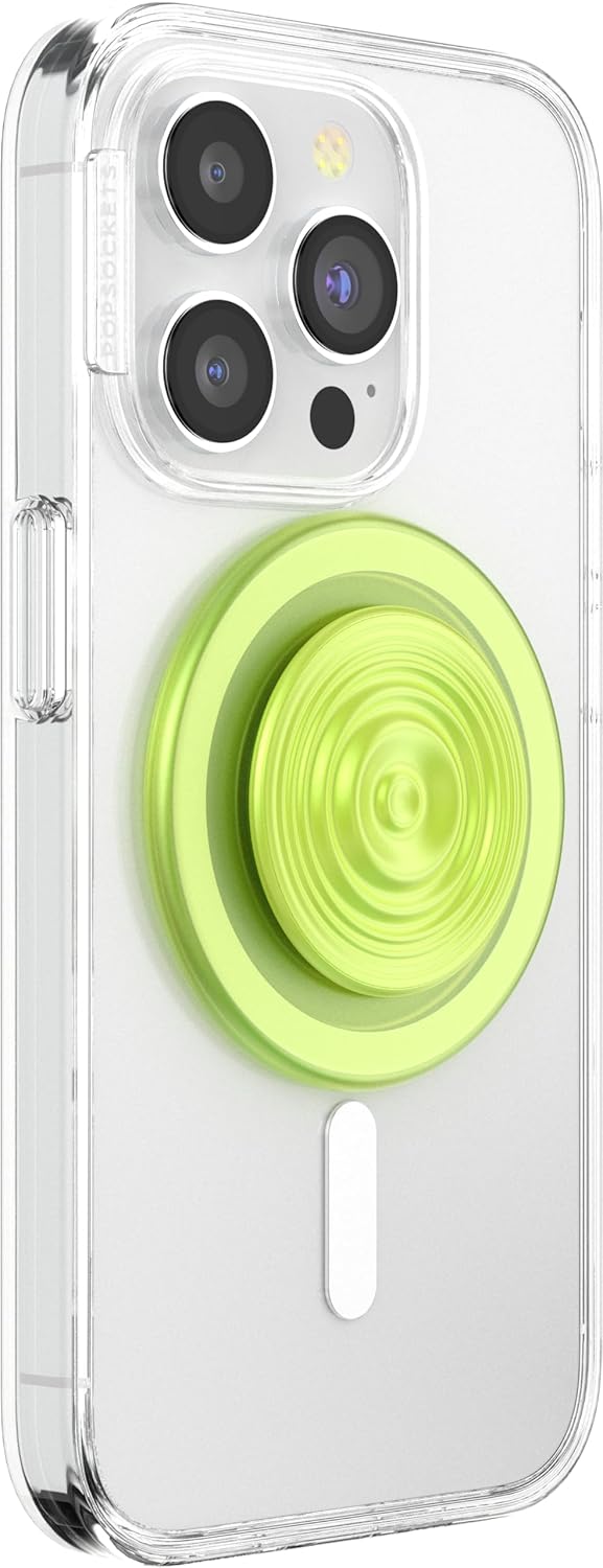 A clear smartphone case with an attached lime green PopSocket featuring a unique spiral design, providing a functional and colorful grip accessory.