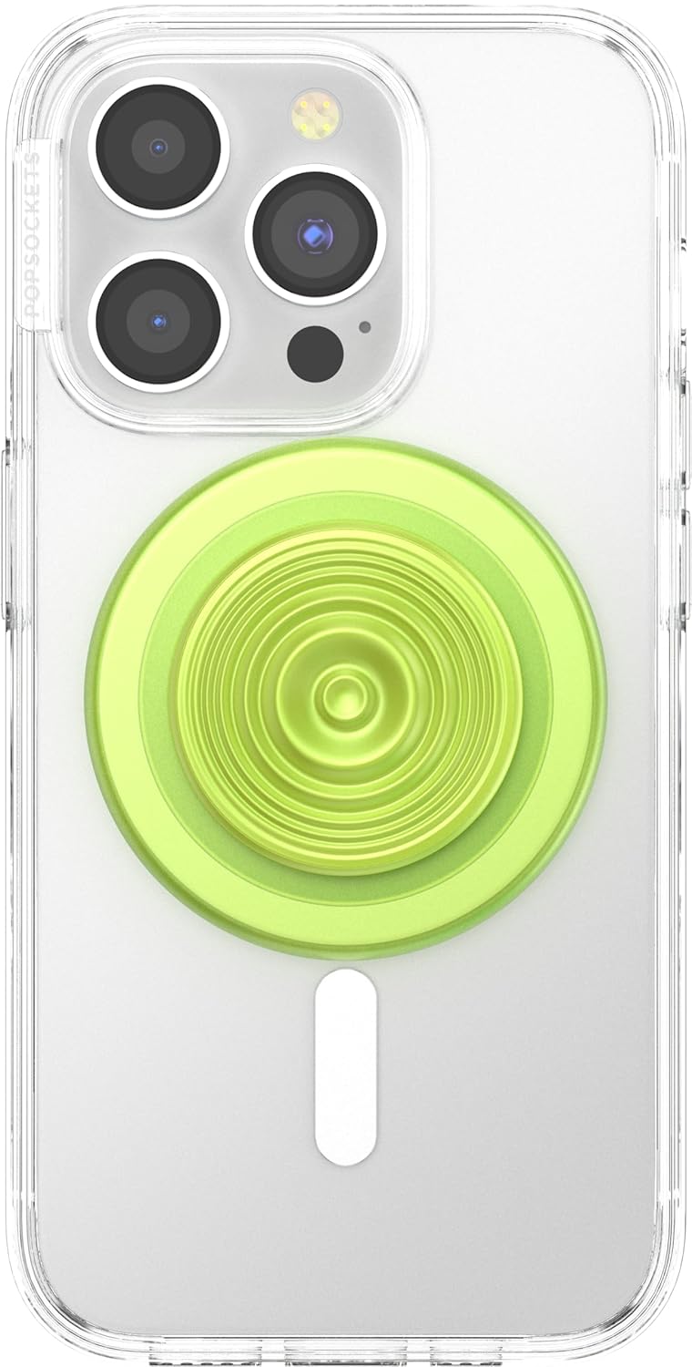 A clear smartphone case with a vibrant, lime green PopSocket in a spiral design, offering both style and practical functionality for a secure grip and hands-free use.