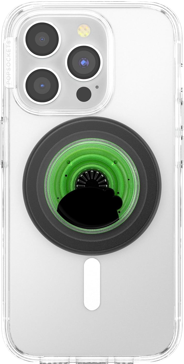 A smartphone with a clear case features a black circular MagSafe-compatible PopSocket grip. The grip has a translucent green top with a glossy cloud-like design, offering a modern and sleek appearance.