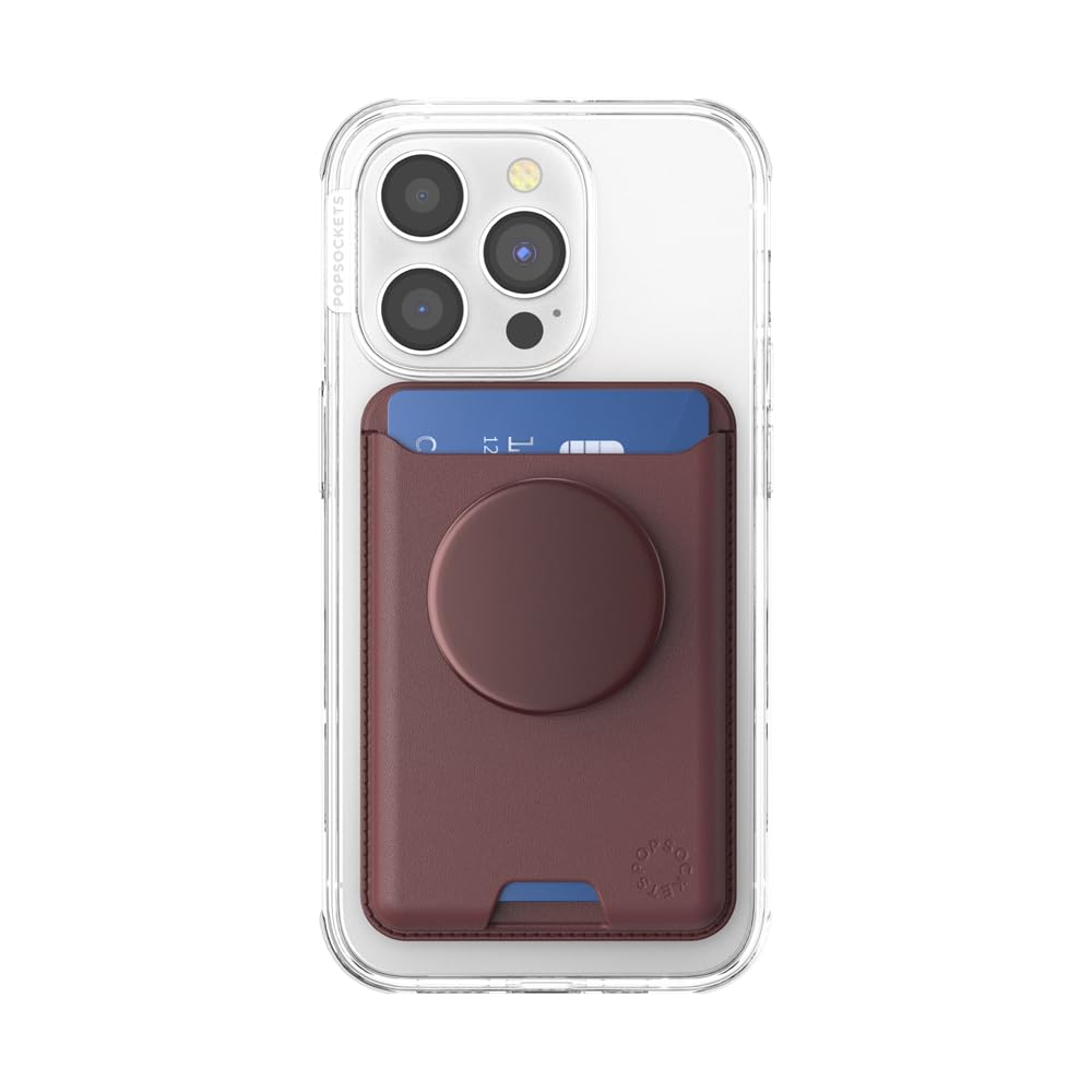 Maroon phone wallet with a built-in pop-up grip attached to the back of a smartphone in a clear case, featuring secure card storage and a versatile grip or stand functionality for added convenience and style.