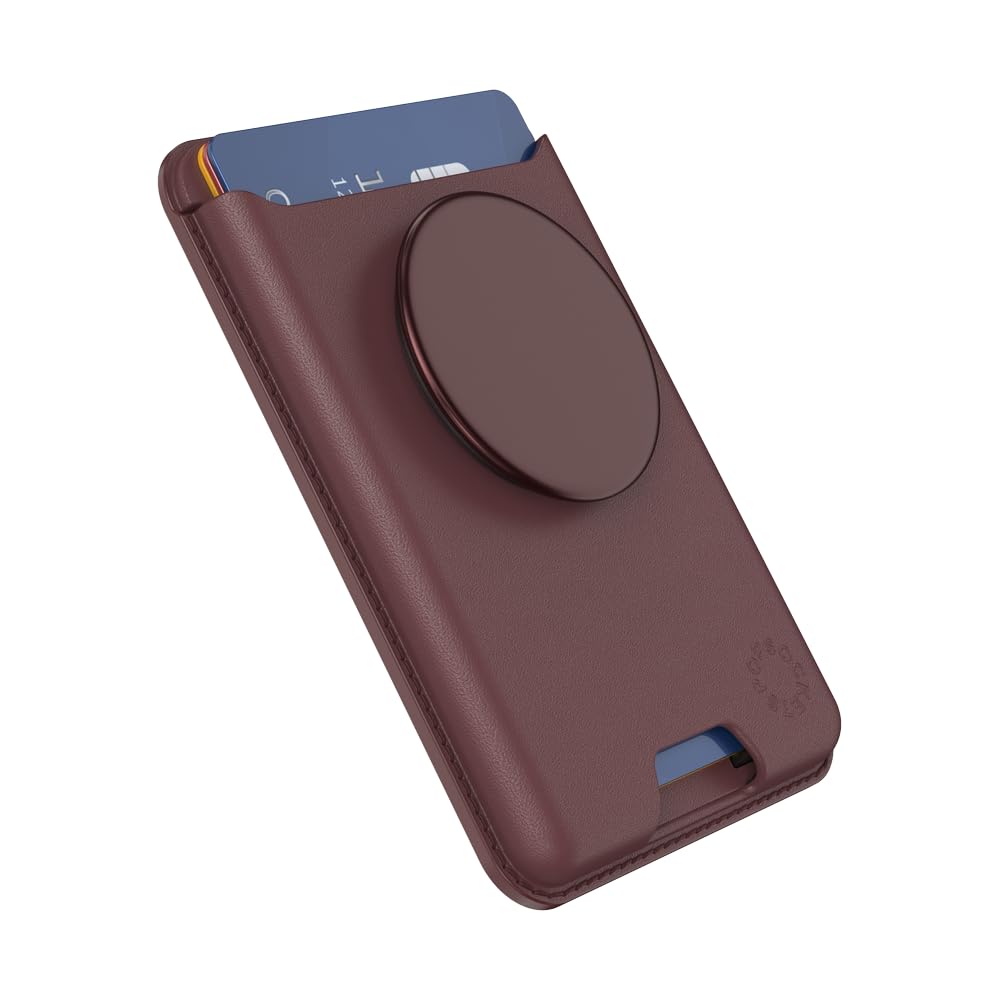 Slim maroon phone wallet with an integrated pop-up grip, offering secure card storage and a versatile stand or grip functionality, designed for convenience and style.