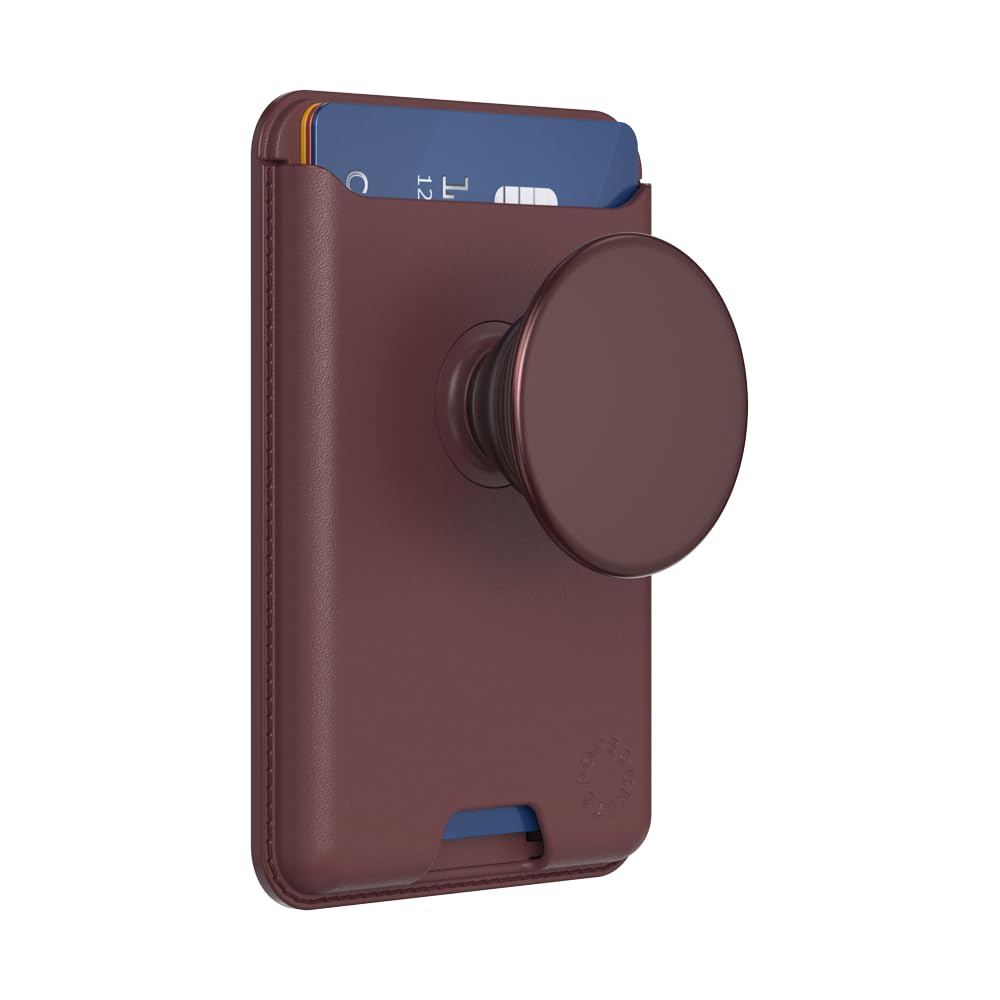 Maroon phone wallet with an integrated pop-up grip, featuring a sleek design that securely holds cards while providing a comfortable grip or stand functionality for your smartphone.