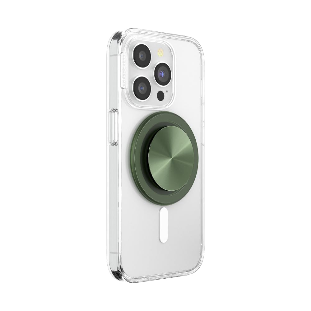 This image displays a **clear MagSafe-compatible phone case** with a **green metallic PopSocket** securely attached to the back. The PopSocket has a sleek, brushed metal finish and seamlessly integrates with the magnetic system for enhanced grip and convenience. The design allows easy removal for wireless charging and swapping with other accessories.