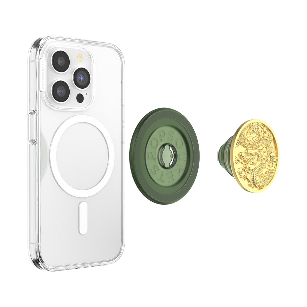 A smartphone with a clear MagSafe-compatible case shown alongside a detachable green pop-up grip base and a gold dragon-patterned top, highlighting the customizable and elegant design for secure handling and aesthetic appeal.