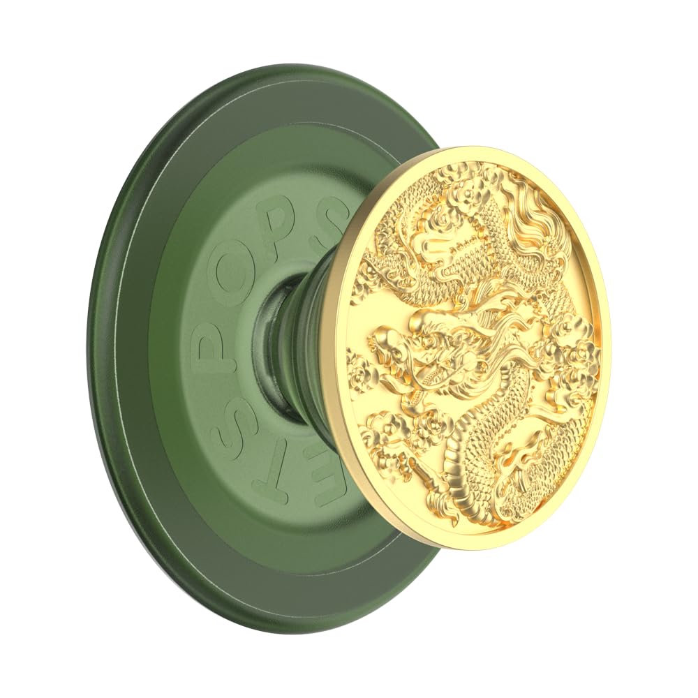 A close-up of a green pop-up grip with a detailed gold dragon design on top, combining traditional artistry with modern functionality, ideal for secure phone handling and stand use.