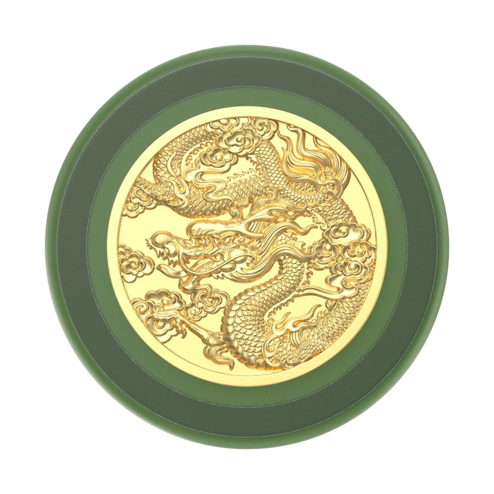 Close-up of a circular pop-up grip featuring an intricate gold dragon design on a green base, blending traditional art with modern functionality for a stylish and unique accessory.