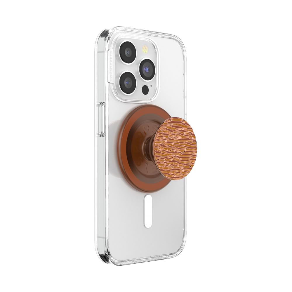 This image showcases a **clear phone case** with a **MagSafe-compatible PopSocket** attached. The PopSocket features a **woodgrain-textured top** in earthy tones with a brown base, designed for both aesthetic appeal and functional support. The combination gives a modern yet rustic look, while the PopSocket provides a **comfortable grip** and **MagSafe connectivity** for convenience and stability.