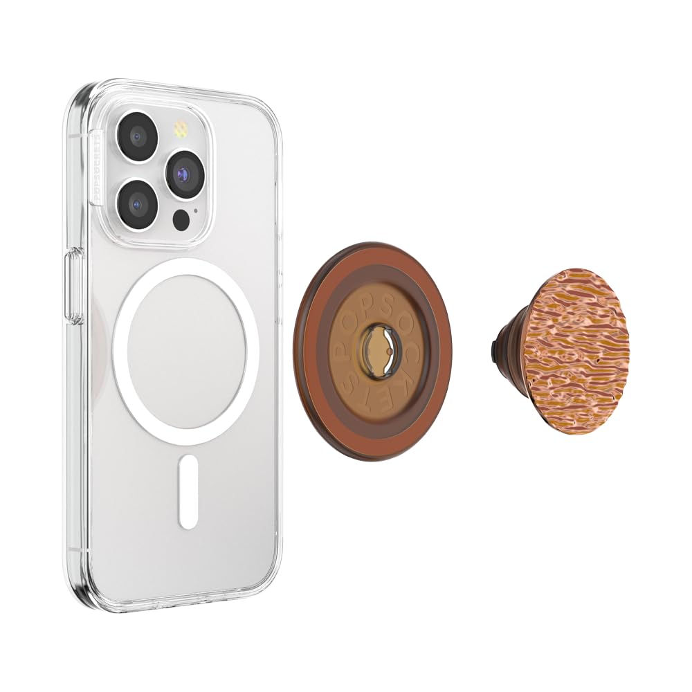 This image showcases a clear phone case with a MagSafe-compatible PopSocket attachment system. The PopSocket features a rich woodgrain-patterned top with natural-looking lines and a smooth texture, alongside a warm brown and matte orange magnetic base. The setup includes the phone case, a magnetic adapter ring, and the detachable PopSocket grip. It combines style and function, allowing secure attachment while enhancing the phone's aesthetics with an earthy, wood-inspired design.