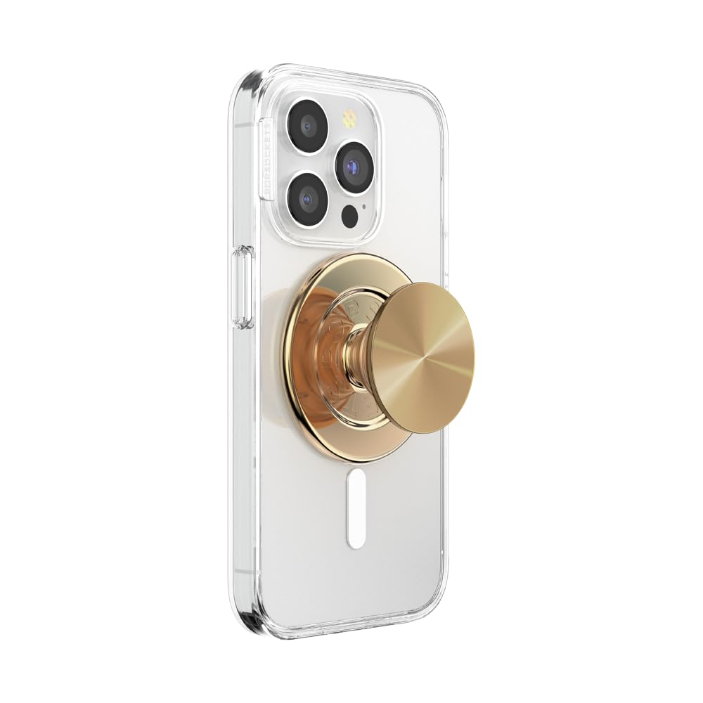 A smartphone in a clear case with a gold metallic PopSocket grip.