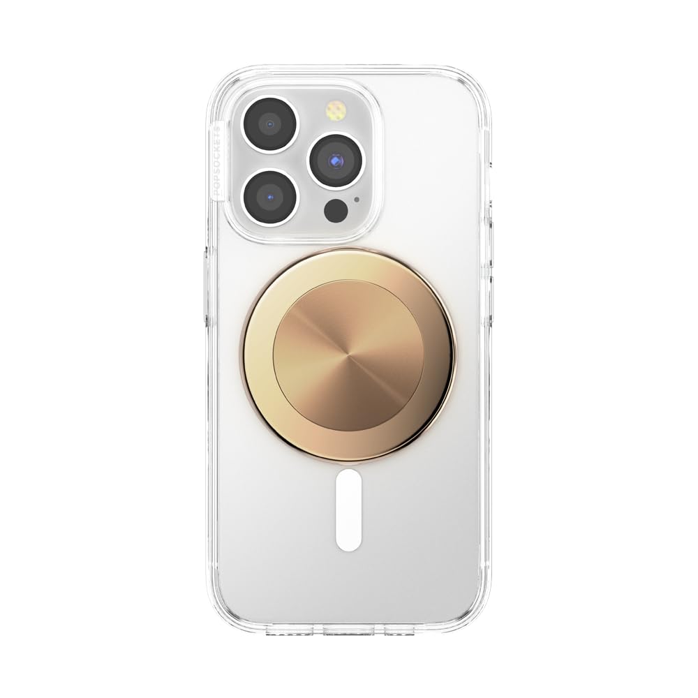 A smartphone with a clear case featuring a cream-colored PopSocket grip with a gold metallic rim, offering a blend of elegance and functionality for secure handling and versatile stand use.