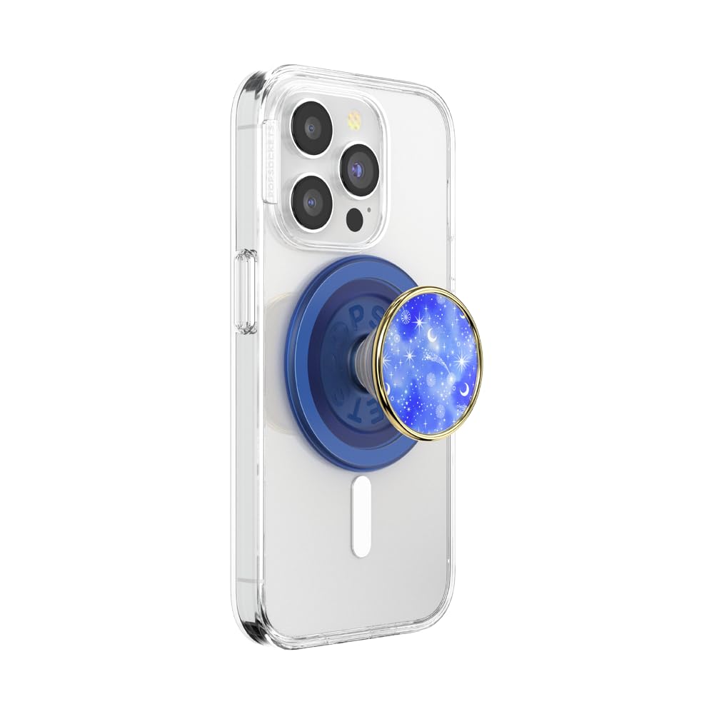 A smartphone encased in a clear case featuring a PopSocket grip with a celestial design. The grip is a vibrant blue with a gold metallic rim, adorned with stars, crescent moons, and cosmic patterns, combining aesthetic appeal with functional support for secure handling and versatility.