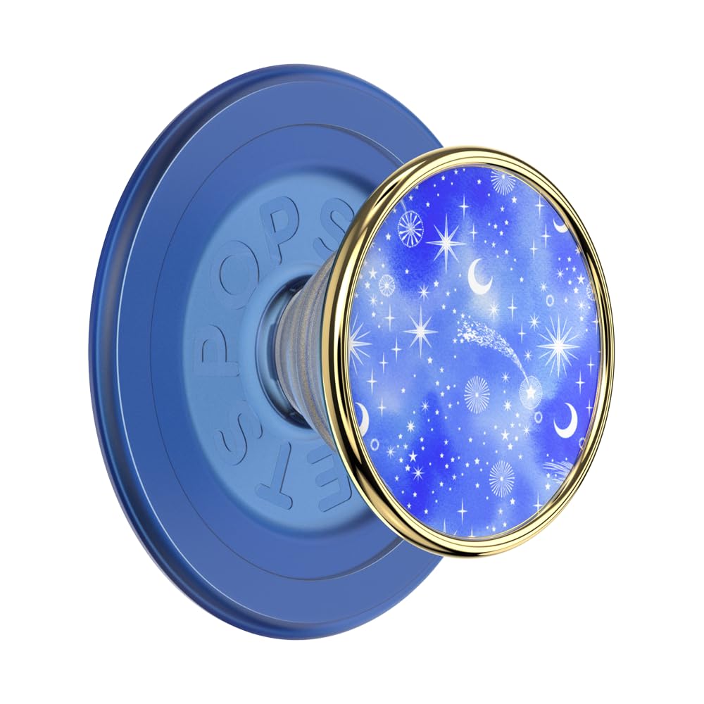 A close-up of a blue PopSocket grip featuring a celestial design. The circular top showcases a vivid blue background adorned with moons, stars, and cosmic patterns, all framed with a gold metallic rim for an elegant and functional accessory.