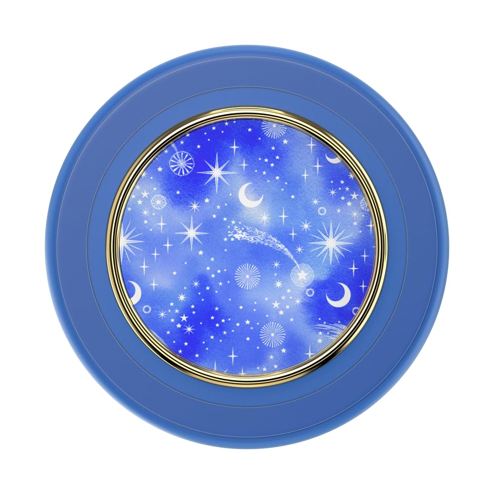 A circular PopSocket grip with a celestial-themed design featuring a vivid blue background adorned with moons, stars, and cosmic patterns. The design is encased in a gold metallic rim, adding an elegant touch to the stellar artwork.